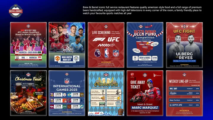 Brew & Barrel event poster grid.