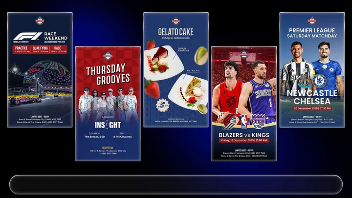 Brew & Barrel posters showcase (race weekend, music, gelato cake, matchday).