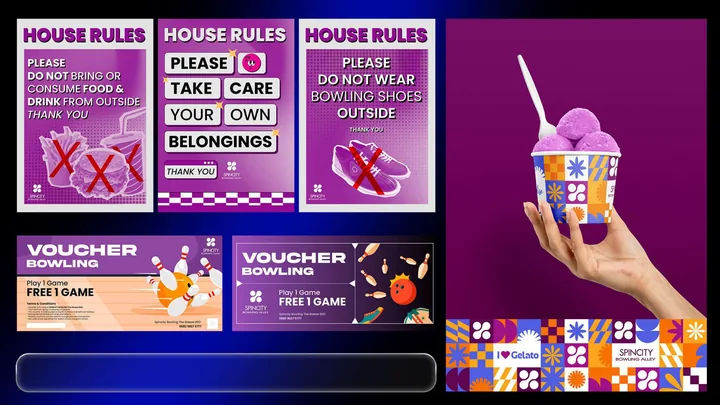 Spincity Bowling house rules posters and voucher designs.