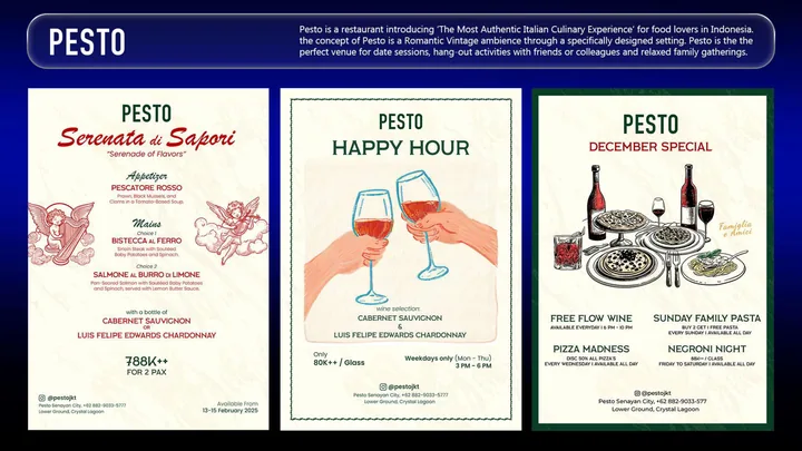 PESTO poster trio (serenata di sapori, happy hour, december special).