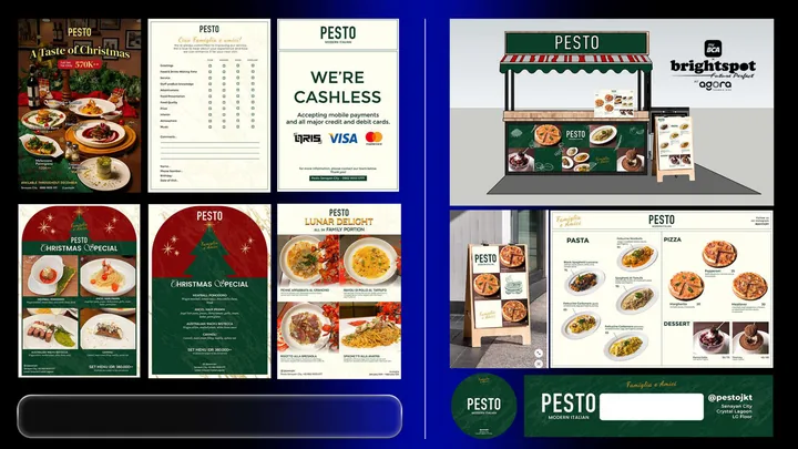 PESTO assorted designs: promos, surveys, cashless sign, booth mockups, menus.